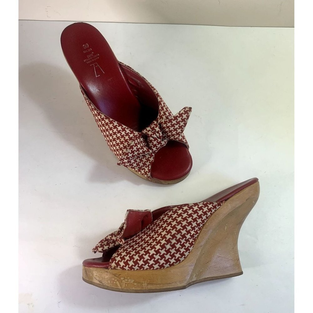 ZARA Red+White Houndstooth Wood Wedge Sandal Size 39 / 8 RARE Tie Front